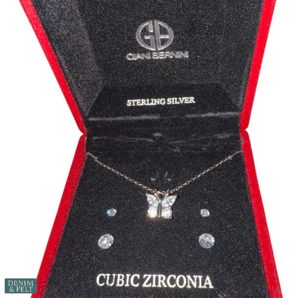 Giani Bernini Butterfly Necklace &‎ 2 Pair Cubic Zirconia Stud Earrings Sterling - Picture 3 of 5
